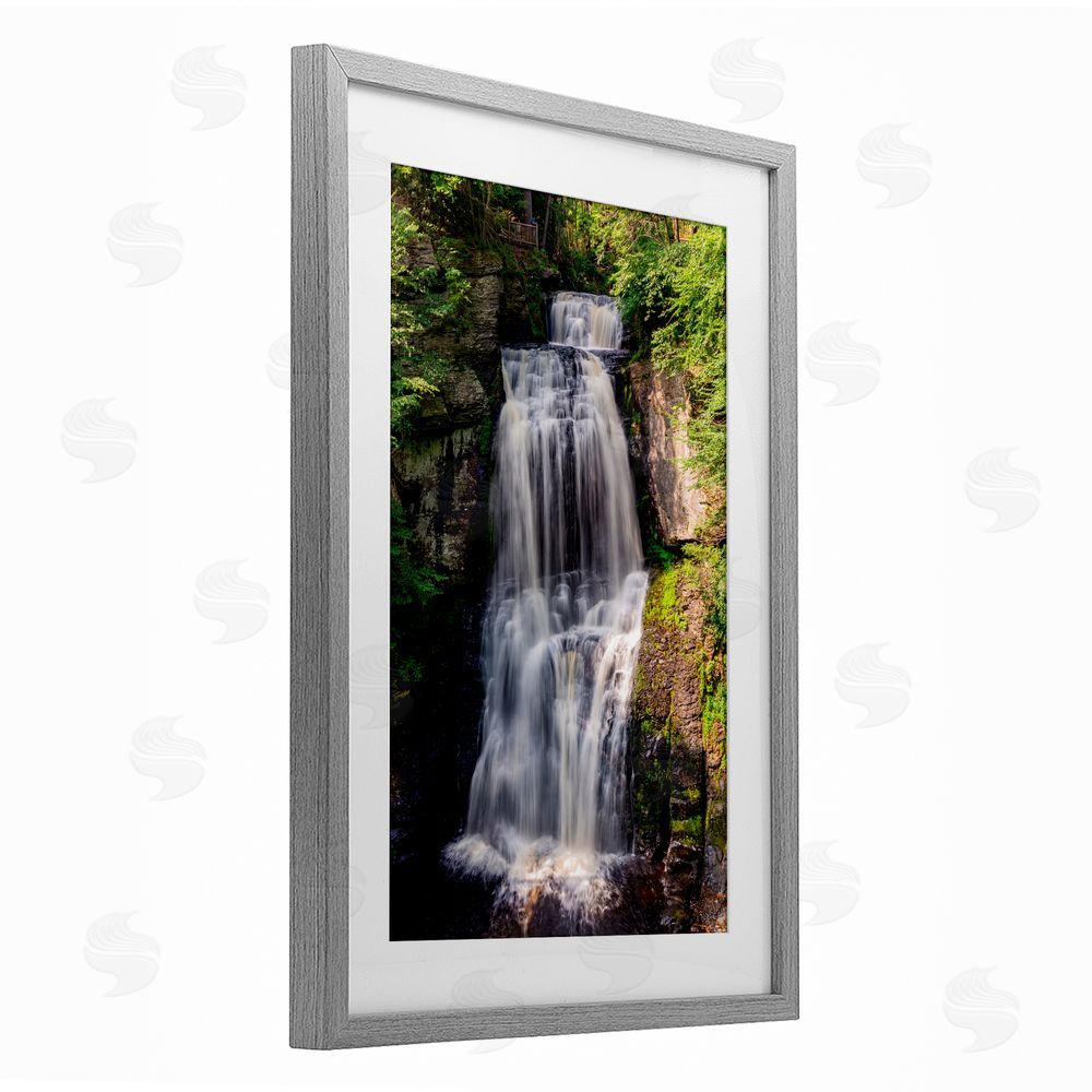 Jeff Poe Photography Cascading Forest Waterfall Gray Framed Print Under Glass with White Mat Wall Art