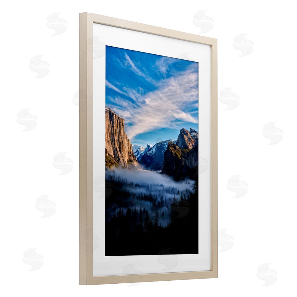 Jon Evan Half Dome With Fog Birch Framed Print Under Glass with White Mat Wall Art