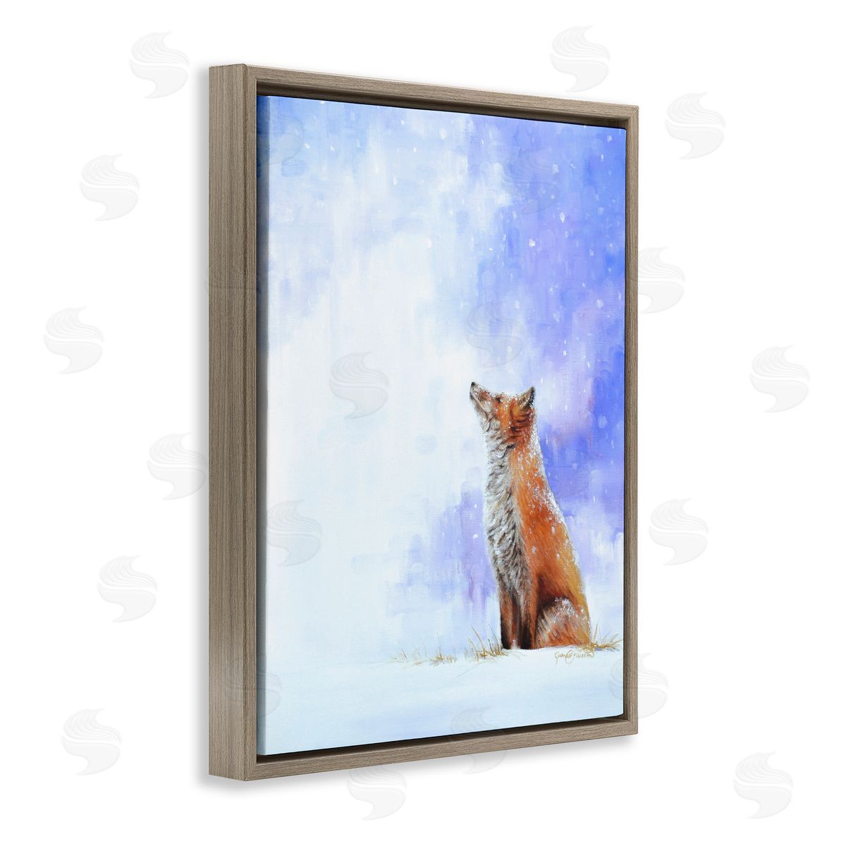 James Corwin Fox & Gentle Snowfall Brown Floating Frame Canvas Wall Art Print