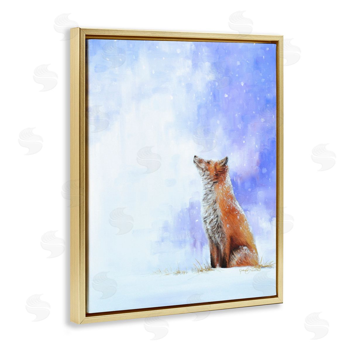 James Corwin Fox & Gentle Snowfall Gold Floating Frame Canvas Wall Art Print