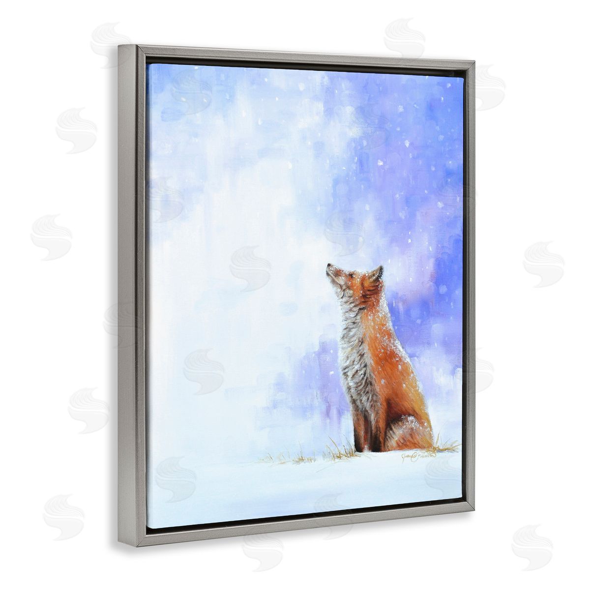 James Corwin Fox & Gentle Snowfall Gray Floating Frame Canvas Wall Art Print