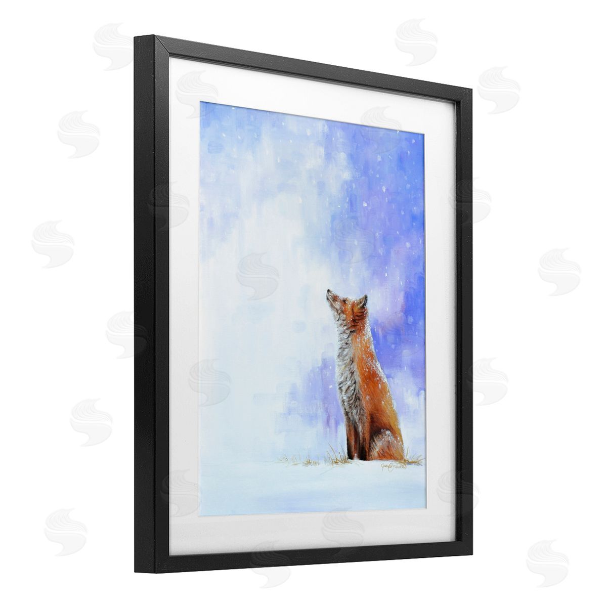 James Corwin Fox & Gentle Snowfall Black Framed Print Under Glass with White Mat Wall Art