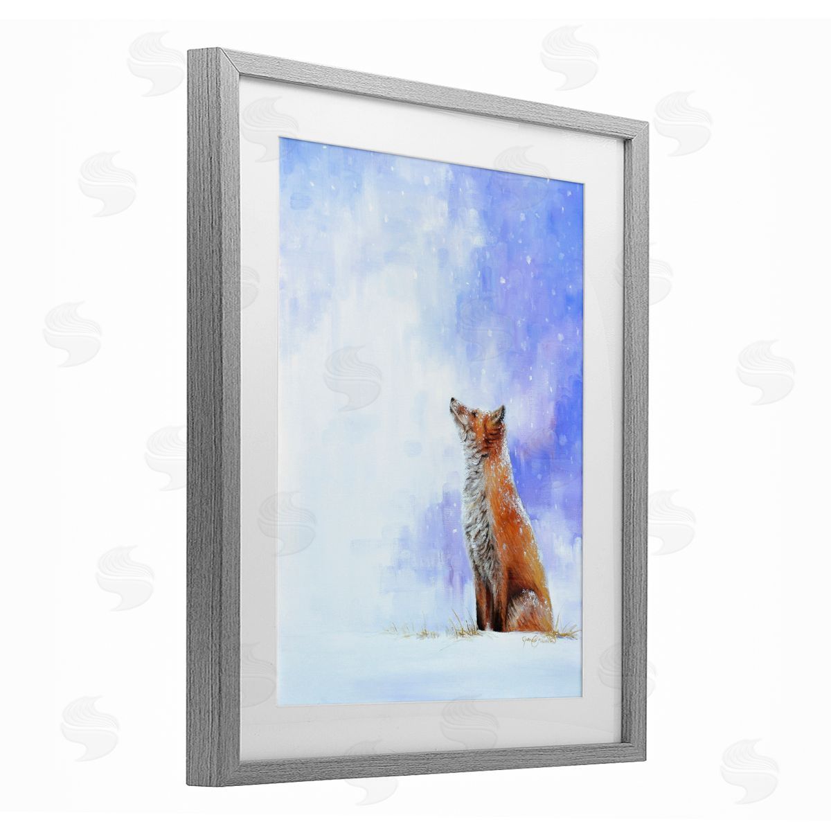 James Corwin Fox & Gentle Snowfall Gray Framed Print Under Glass with White Mat Wall Art