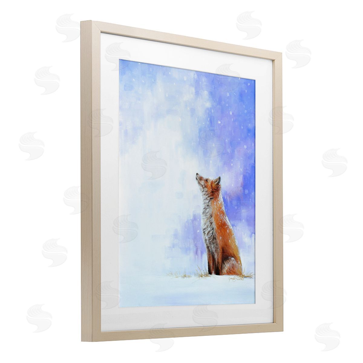 James Corwin Fox & Gentle Snowfall Birch Framed Print Under Glass with White Mat Wall Art