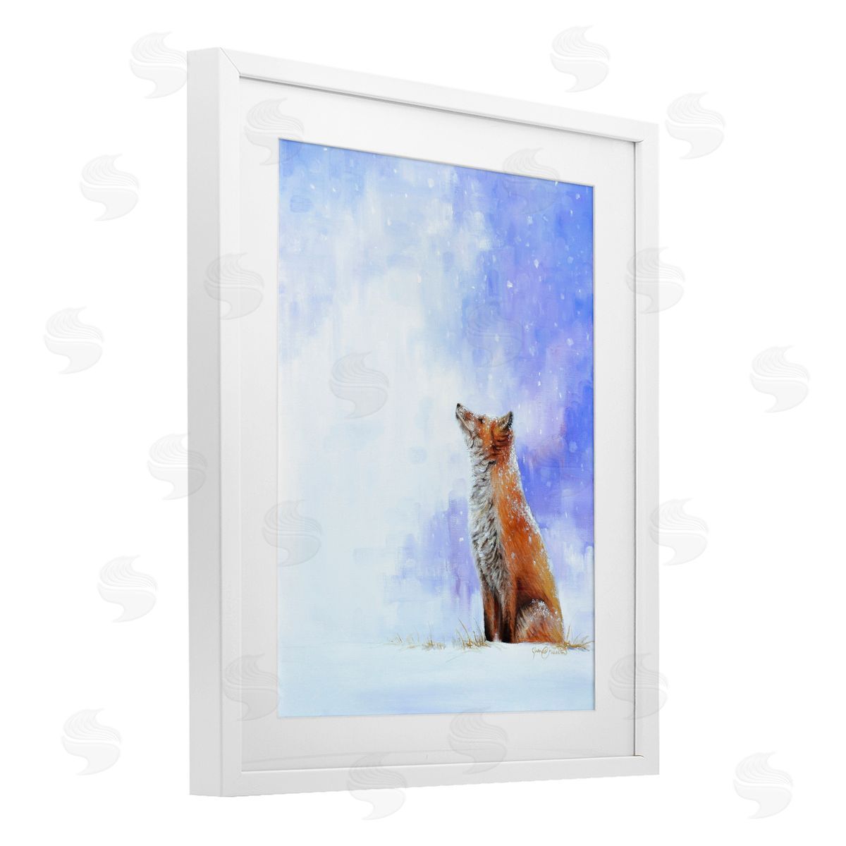 James Corwin Fox & Gentle Snowfall White Framed Print Under Glass with Mat Wall Art