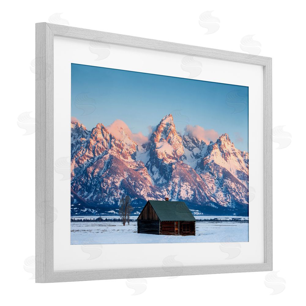 Jared Kreiss Cabin In The Glowing Tetons Gray Framed Print Under Glass with White Mat Wall Art