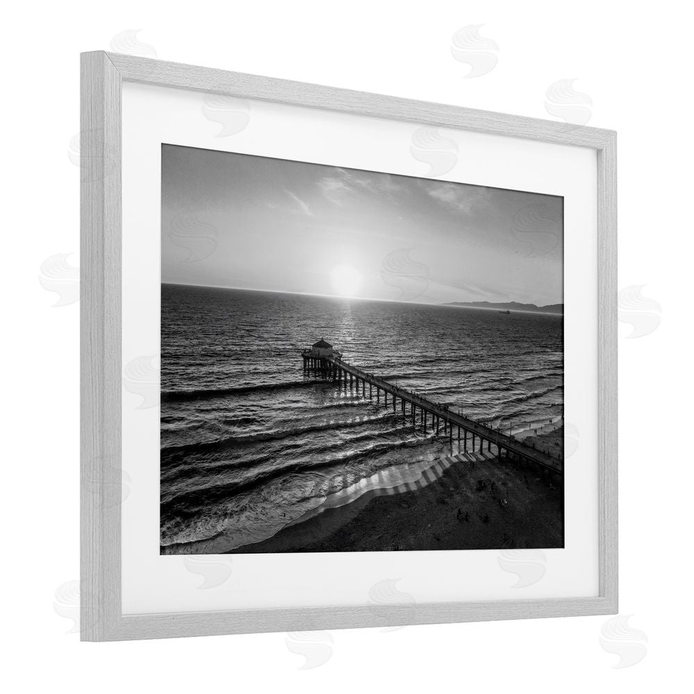 Jeff Poe Photography Serene Morning Pier Gray Framed Print Under Glass with White Mat Wall Art