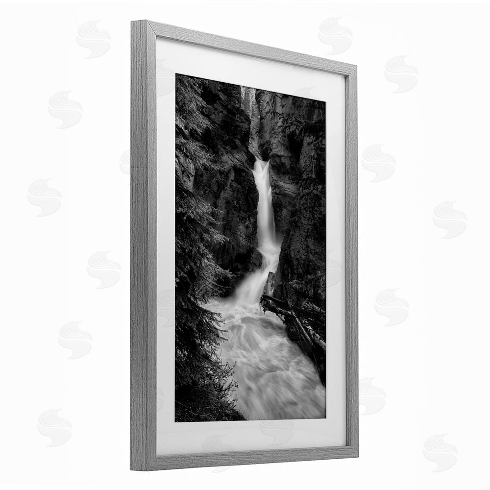 Jon Evan Banff National Park Waterfall Gray Framed Print Under Glass with White Mat Wall Art