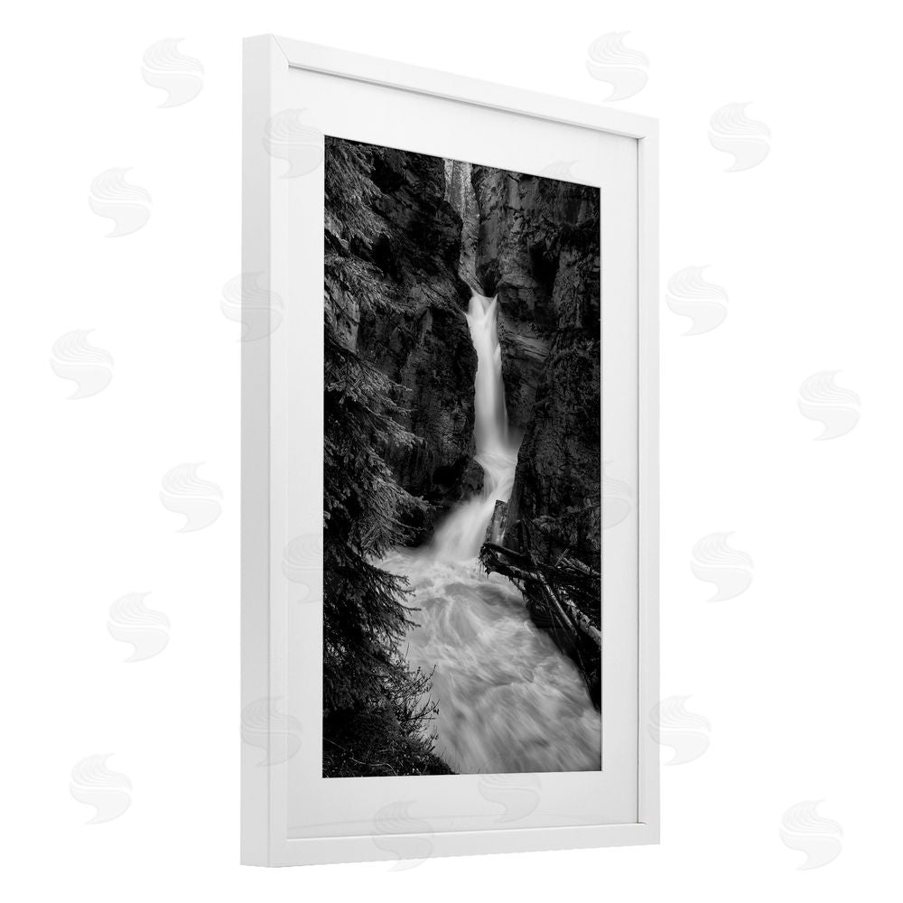 Jon Evan Banff National Park Waterfall White Framed Print Under Glass with Mat Wall Art
