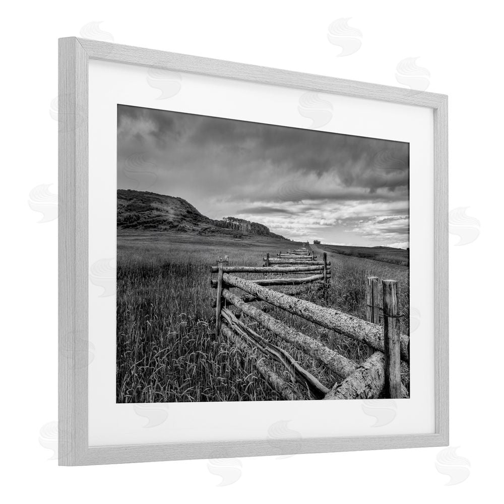 Jon Evan Zigzag Fence into Pasture Gray Framed Print Under Glass with White Mat Wall Art