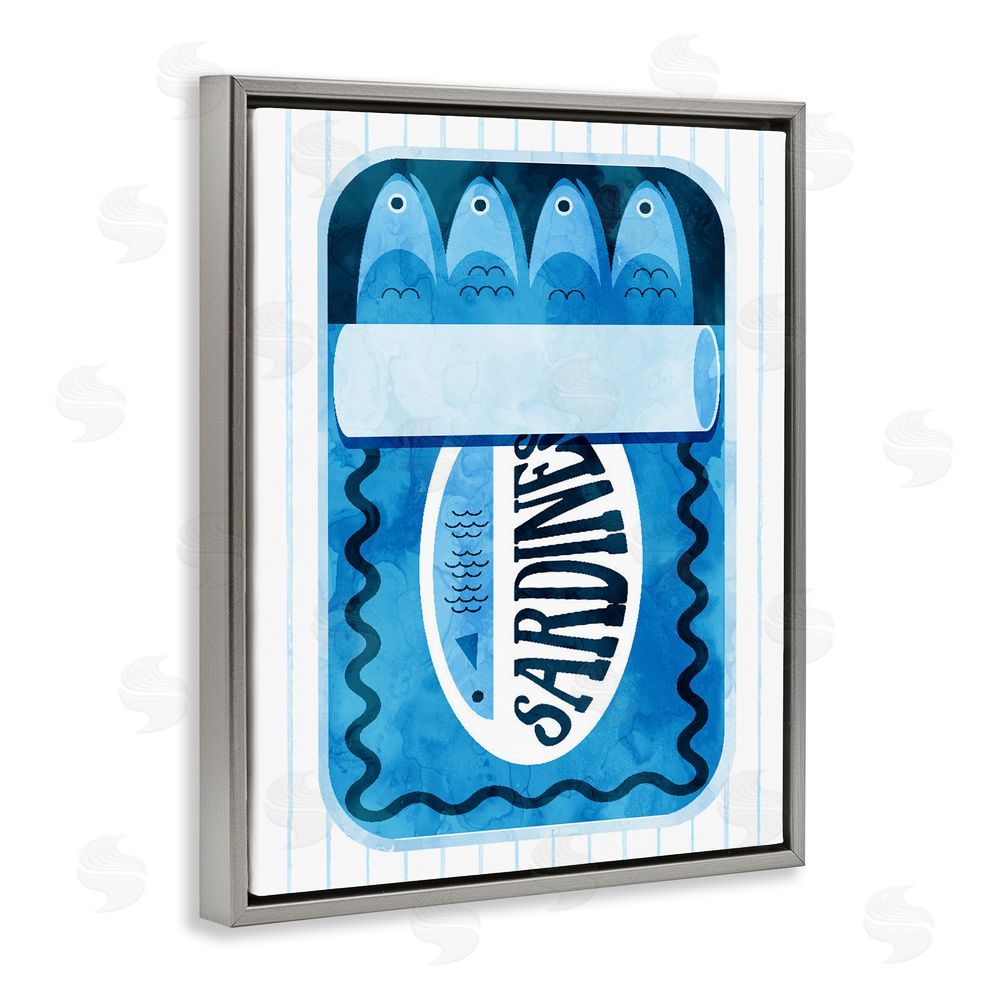 Daphne Polselli Blue Sardine Tin Over Stripes Gray Floating Frame Canvas Wall Art Print