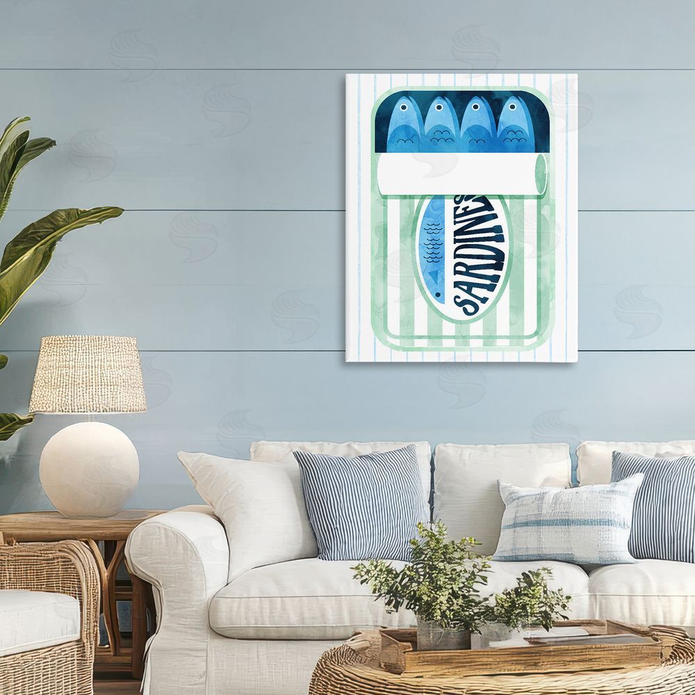 Daphne Polselli Seafoam Sardine Tin over Stripes Stretched Canvas Wall Art Print in Room