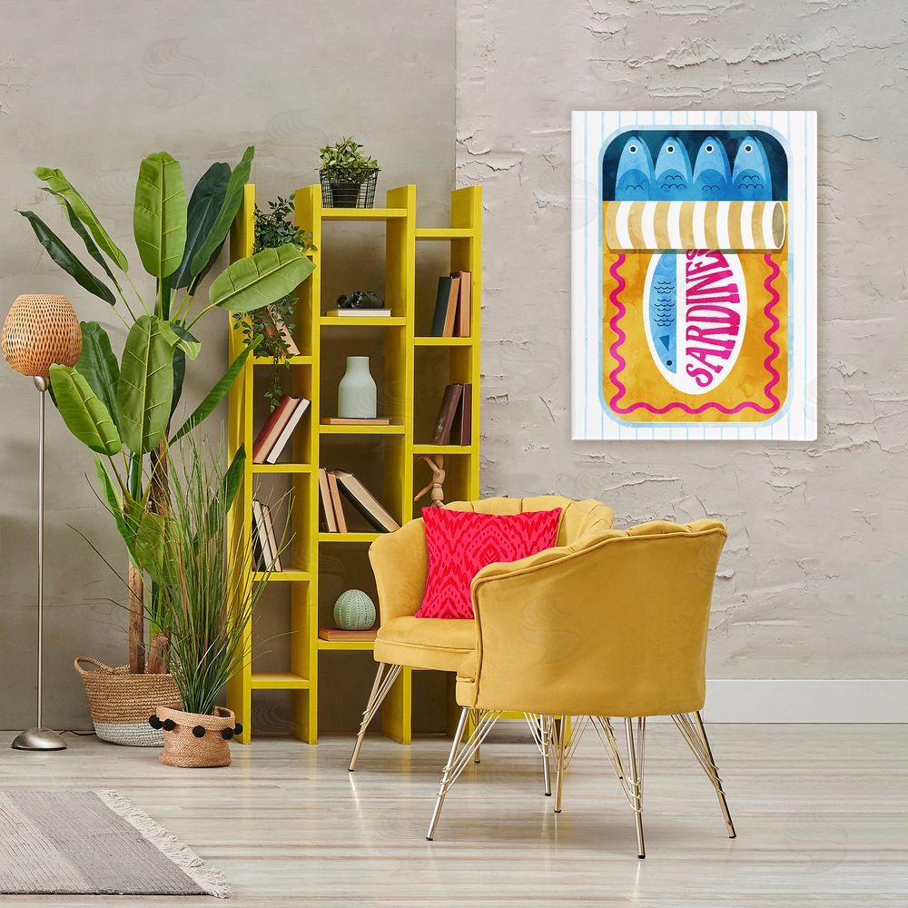 Daphne Polselli Yellow Sardine Tin over Stripes Stretched Canvas Wall Art Print in Room