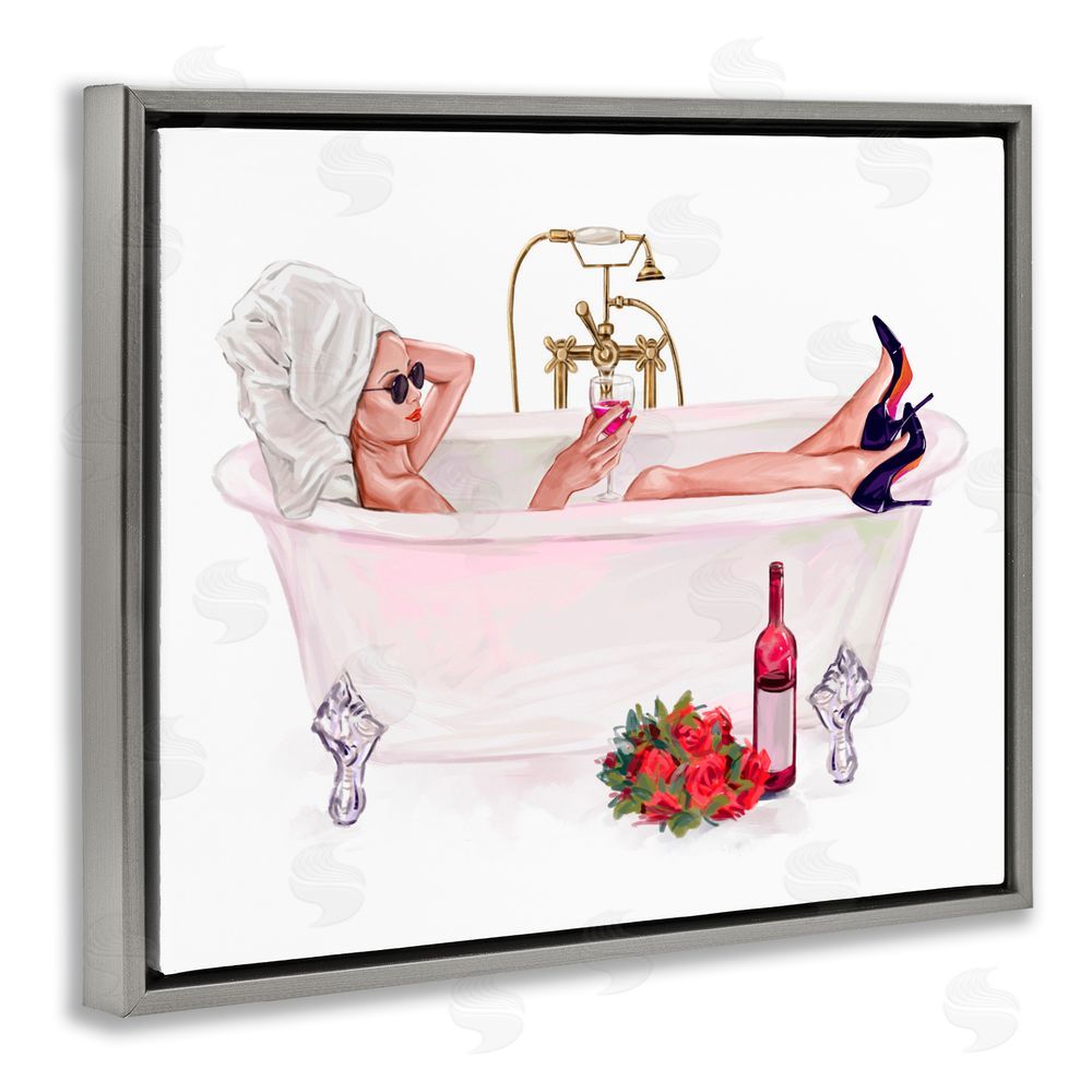 Ziwei Li Woman with Wine Bath Gray Floating Frame Canvas Wall Art Print