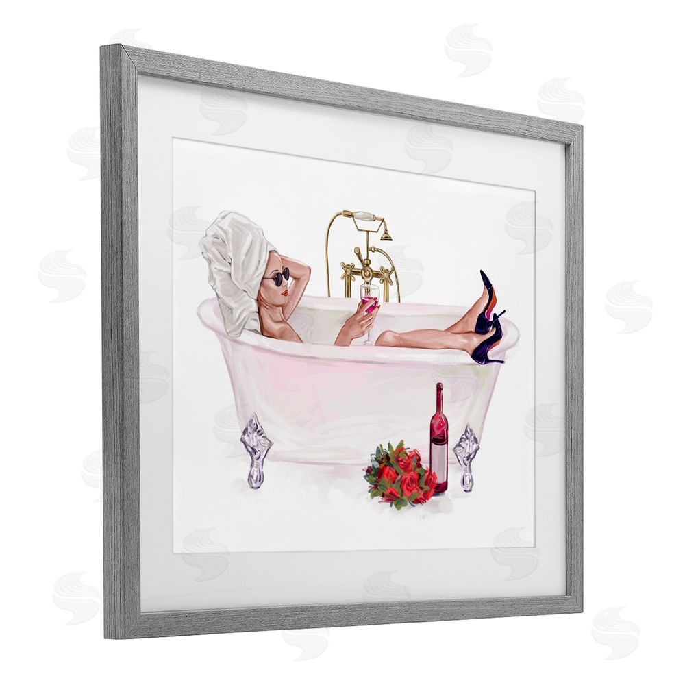 Ziwei Li Woman with Wine Bath Gray Framed Print Under Glass Wall Art