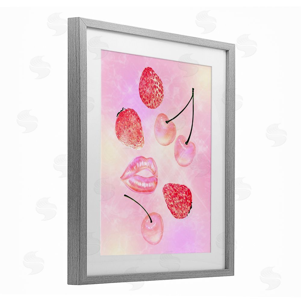 Ziwei Li Pink Fruits and Kisses Gray Framed Print Under Glass Wall Art