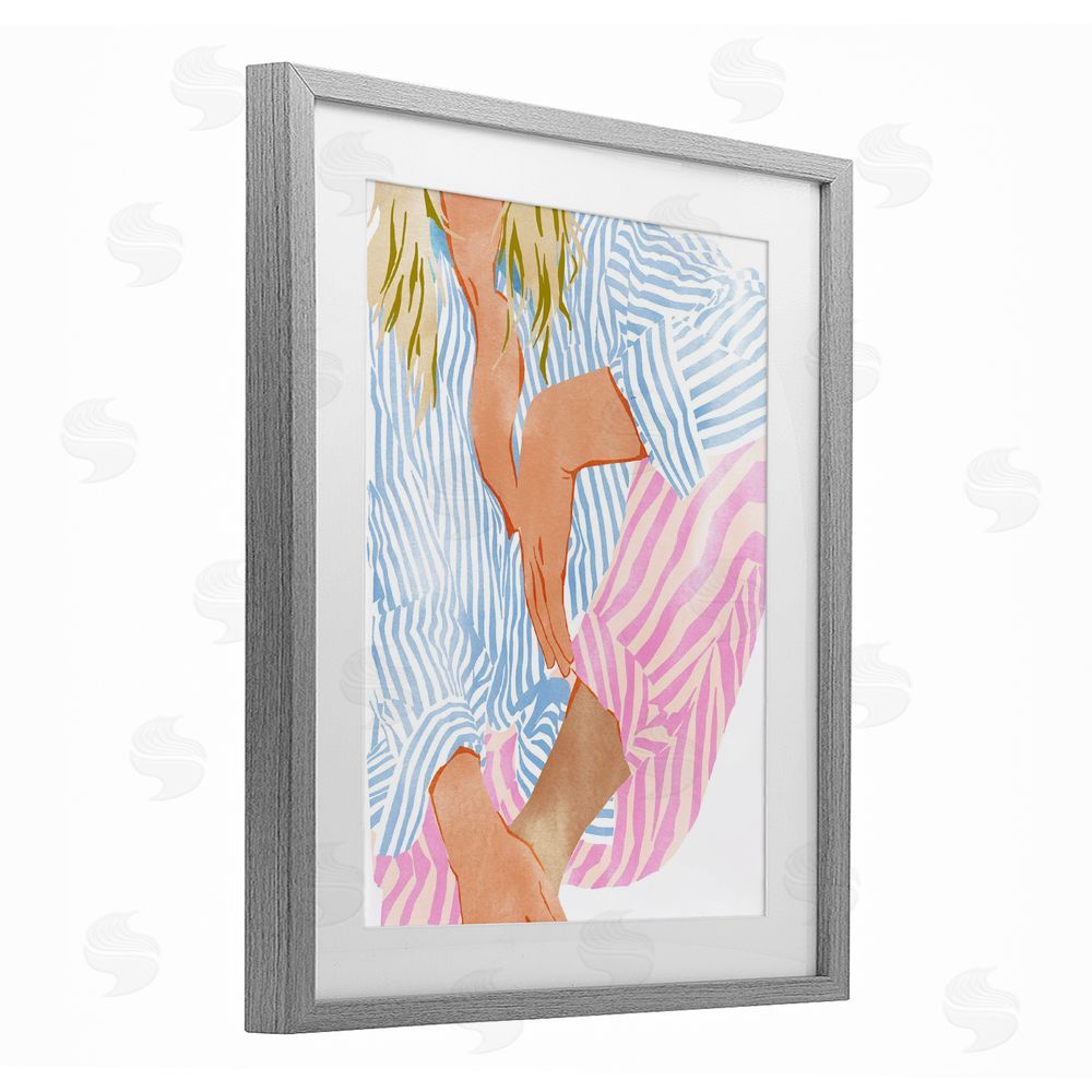 Ziwei Li Woman in Pastel Stripes Gray Framed Print Under Glass Wall Art