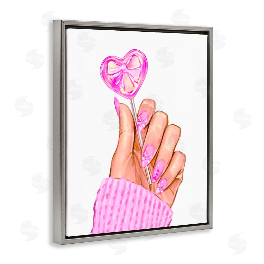 Ziwei Li Pink Fashion Bow Lollipop Gray Floating Frame Canvas Wall Art Print