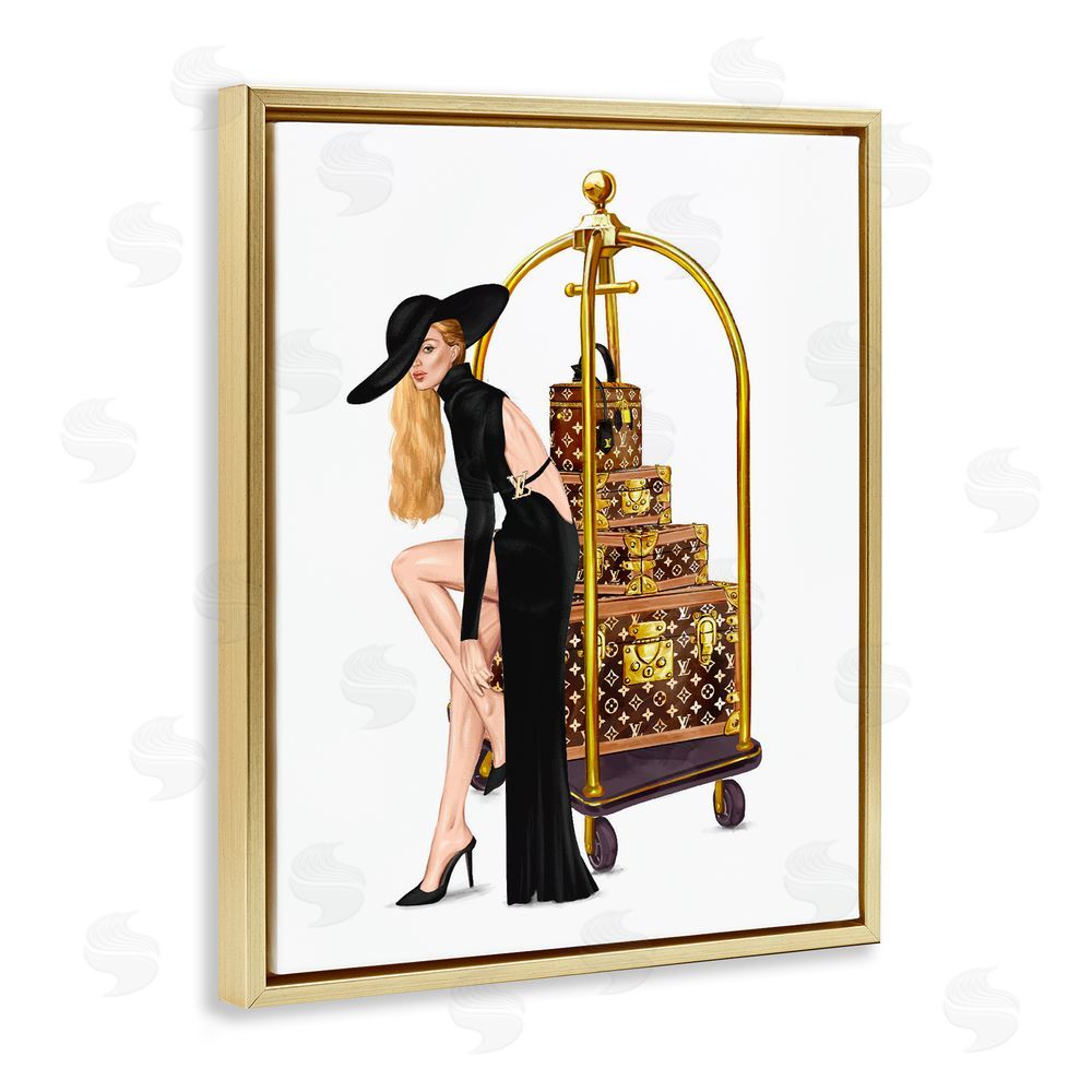Ziwei Li Fashionista with Hotel Luggage Gold Floating Frame Canvas Wall Art Print