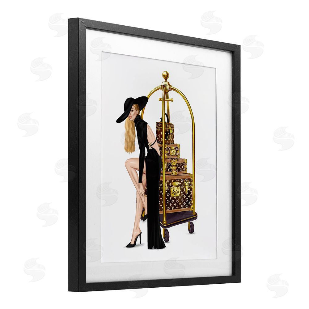 Ziwei Li Fashionista with Hotel Luggage Black Framed Print Under Glass Wall Art