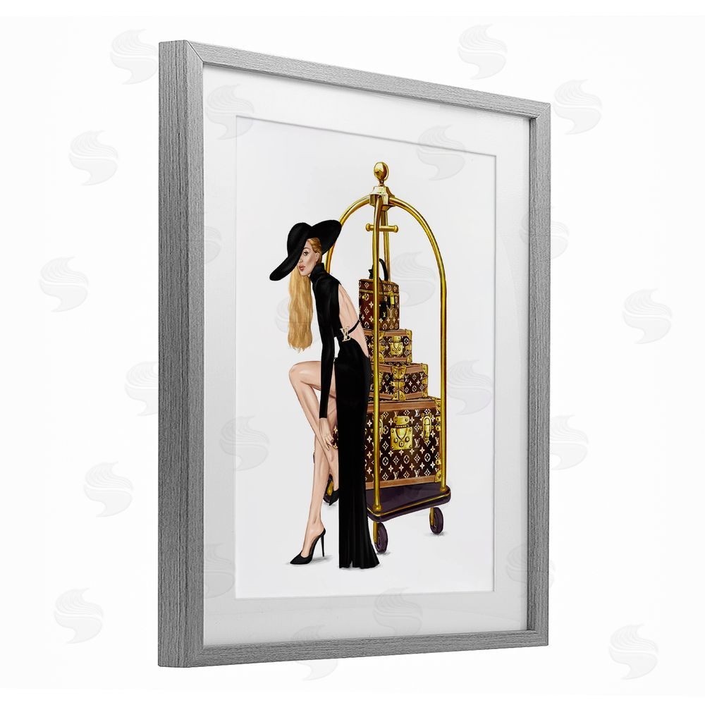 Ziwei Li Fashionista with Hotel Luggage Gray Framed Print Under Glass Wall Art