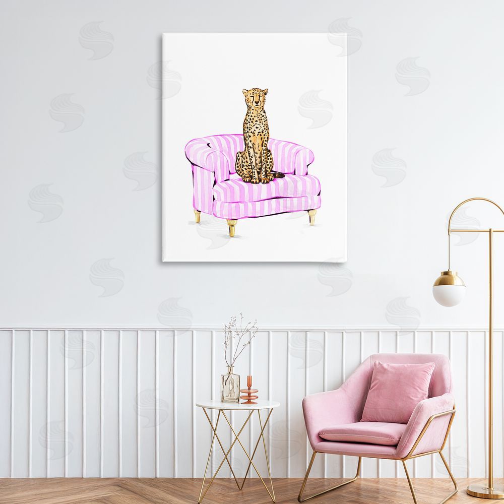 Ziwei Li Cheetah on Pink Stripe Chair Stretched Canvas Wall Art Print in Room