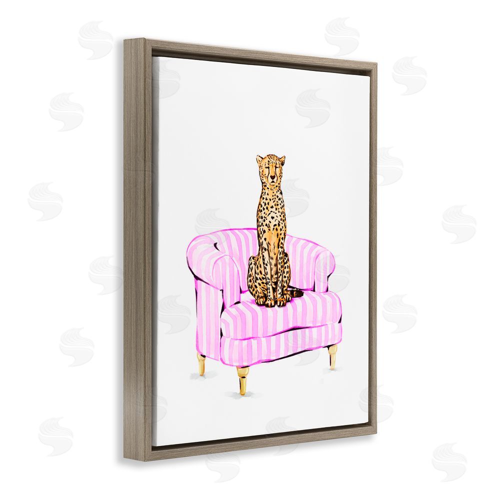 Ziwei Li Cheetah on Pink Stripe Chair Brown Floating Frame Canvas Wall Art Print