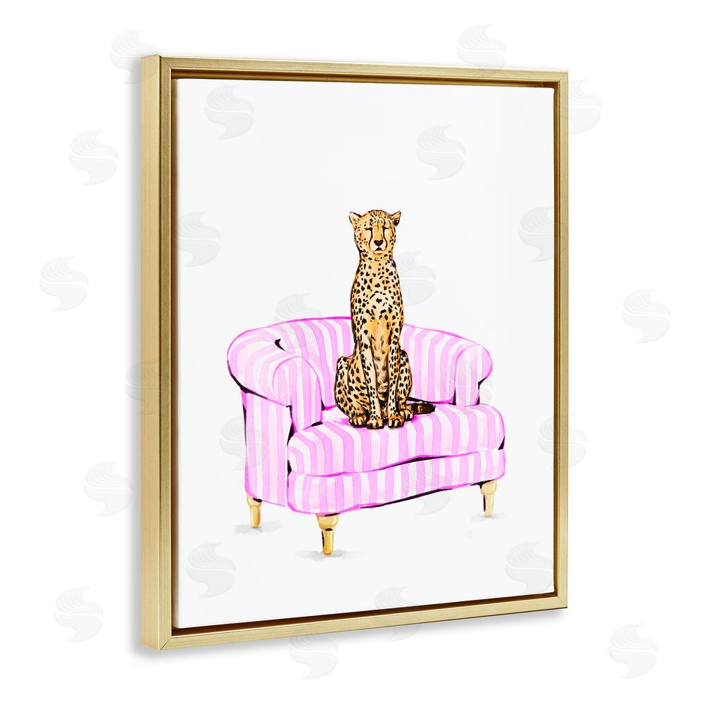 Ziwei Li Cheetah on Pink Stripe Chair Gold Floating Frame Canvas Wall Art Print