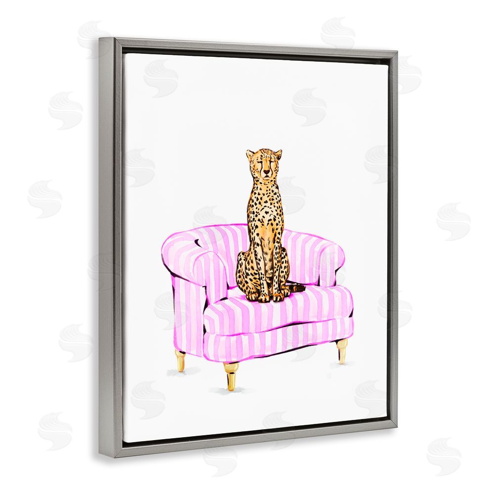 Ziwei Li Cheetah on Pink Stripe Chair Gray Floating Frame Canvas Wall Art Print