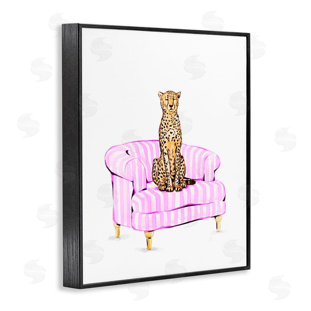 Ziwei Li Cheetah on Pink Stripe Chair Black Framed Giclee Print Wall Art
