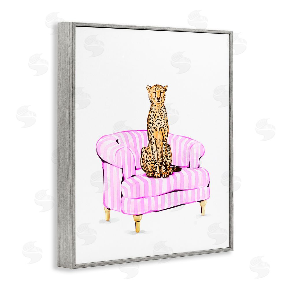 Ziwei Li Cheetah on Pink Stripe Chair Gray Framed Giclee Print Wall Art