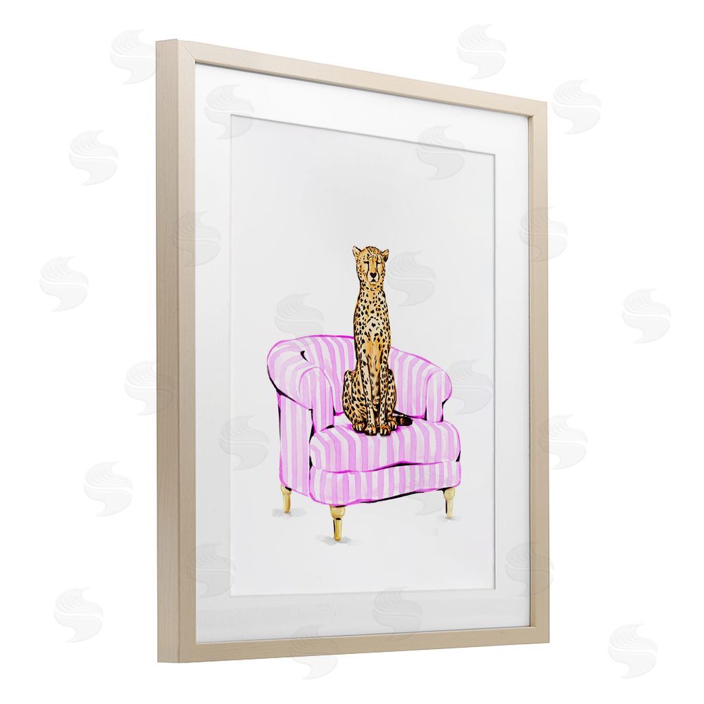 Ziwei Li Cheetah on Pink Stripe Chair Brown Framed Print Under Glass Wall Art