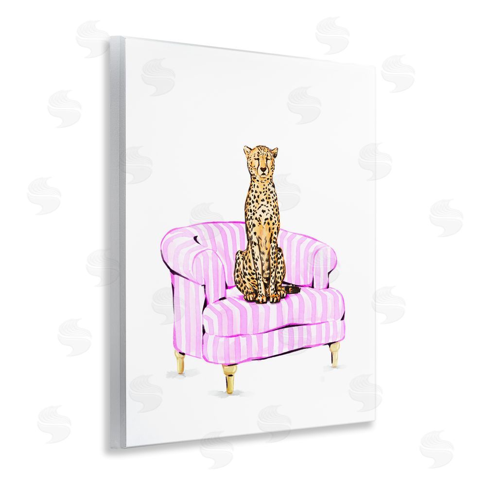 Ziwei Li Cheetah on Pink Stripe Chair Wooden Wall Plaque Art Print