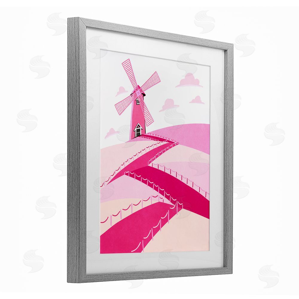 Ziwei Li Pink Hills and Windmill Gray Framed Print Under Glass Wall Art