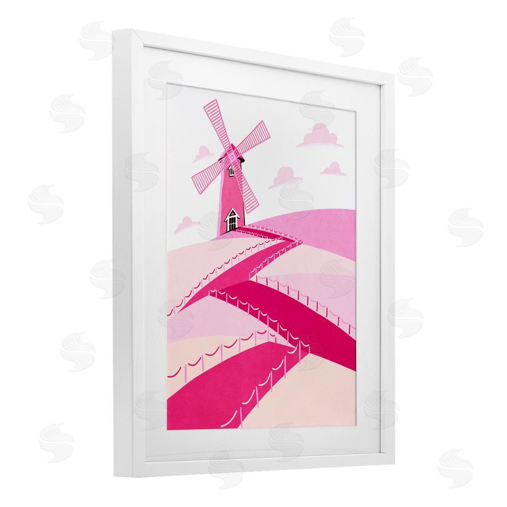 Ziwei Li Pink Hills and Windmill White Framed Print Under Glass Wall Art