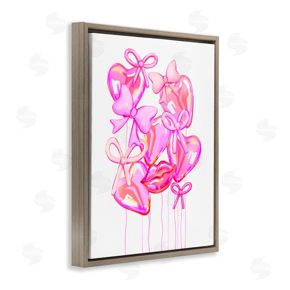 Ziwei Li Pink Heart and Bow Balloons Brown Floating Frame Canvas Wall Art Print
