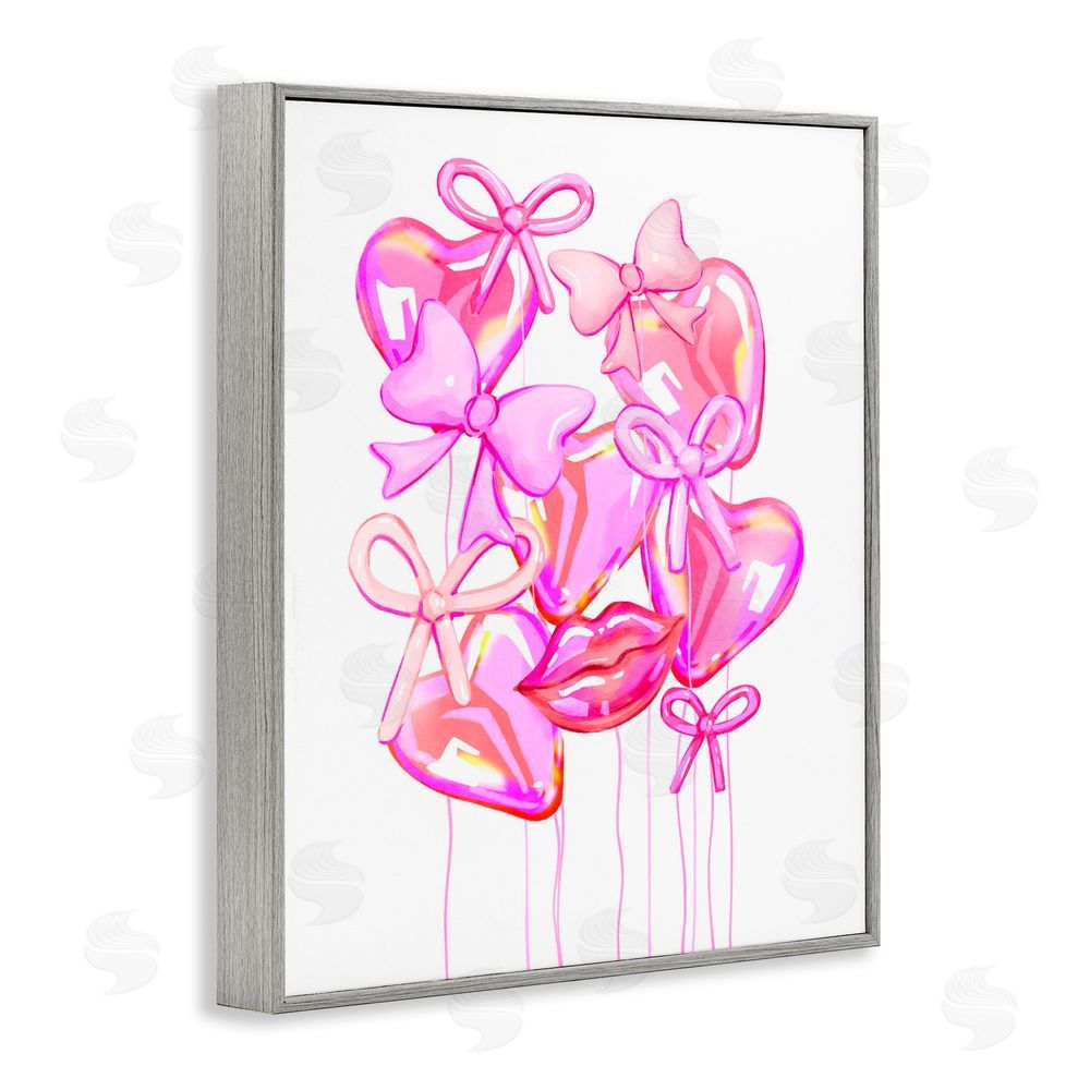 Ziwei Li Pink Heart and Bow Balloons Gray Framed Giclee Print Wall Art
