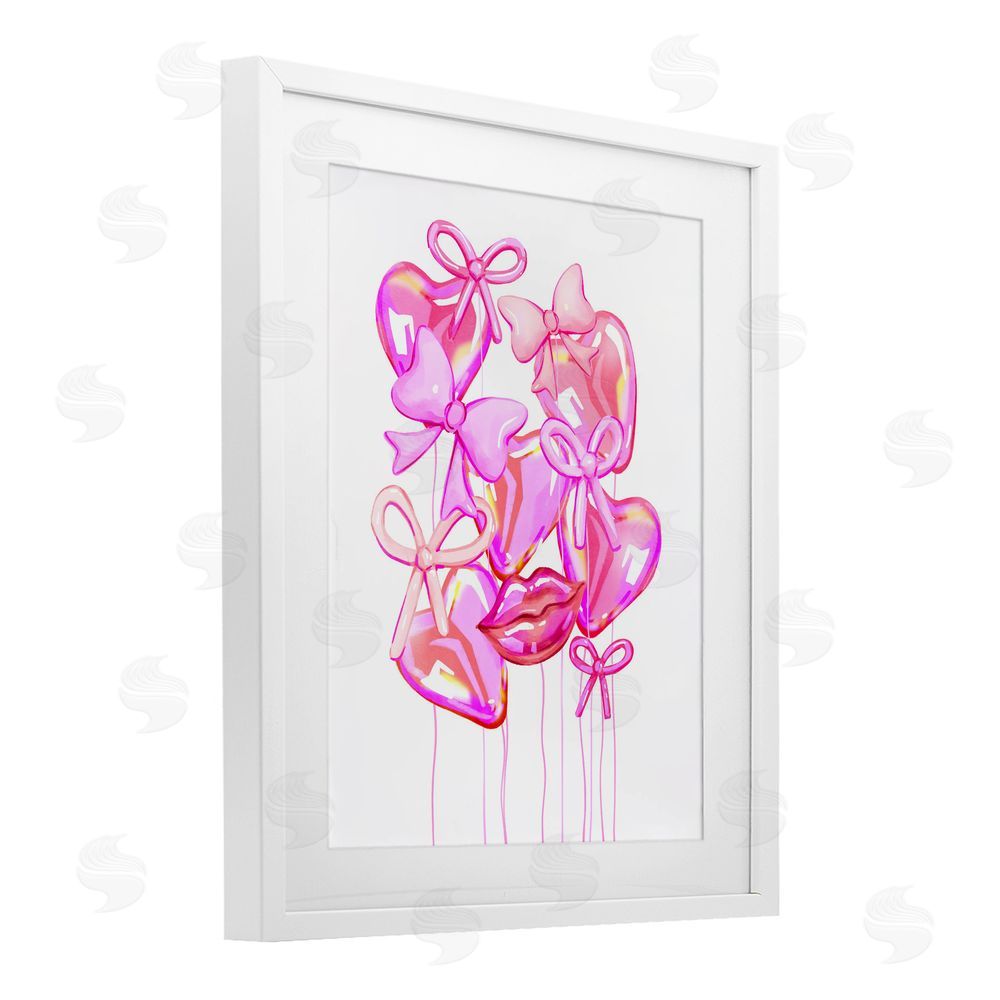Ziwei Li Pink Heart and Bow Balloons White Framed Print Under Glass Wall Art