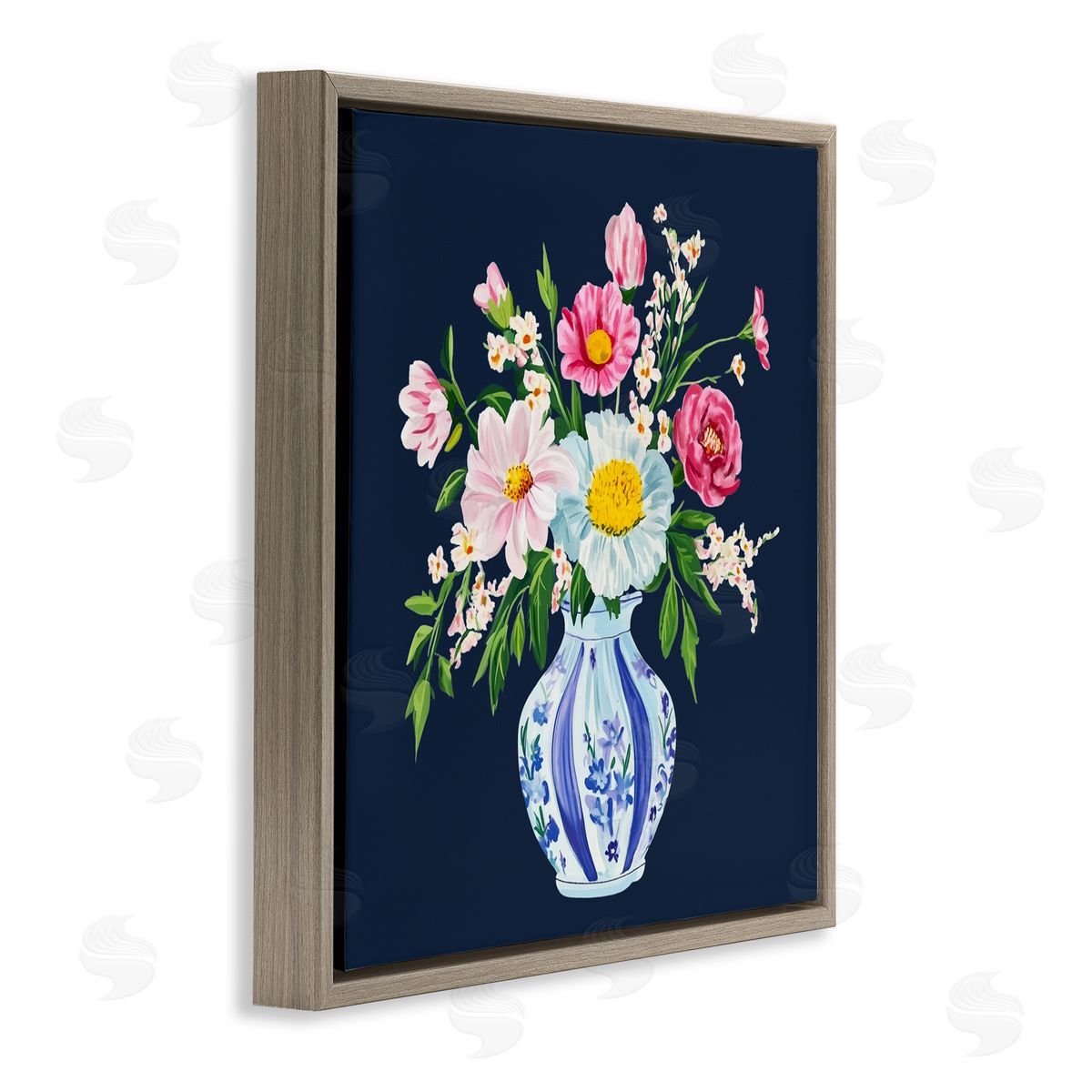 Yen Spring Chinoiserie Vase Brown Floating Frame Canvas Wall Art Print