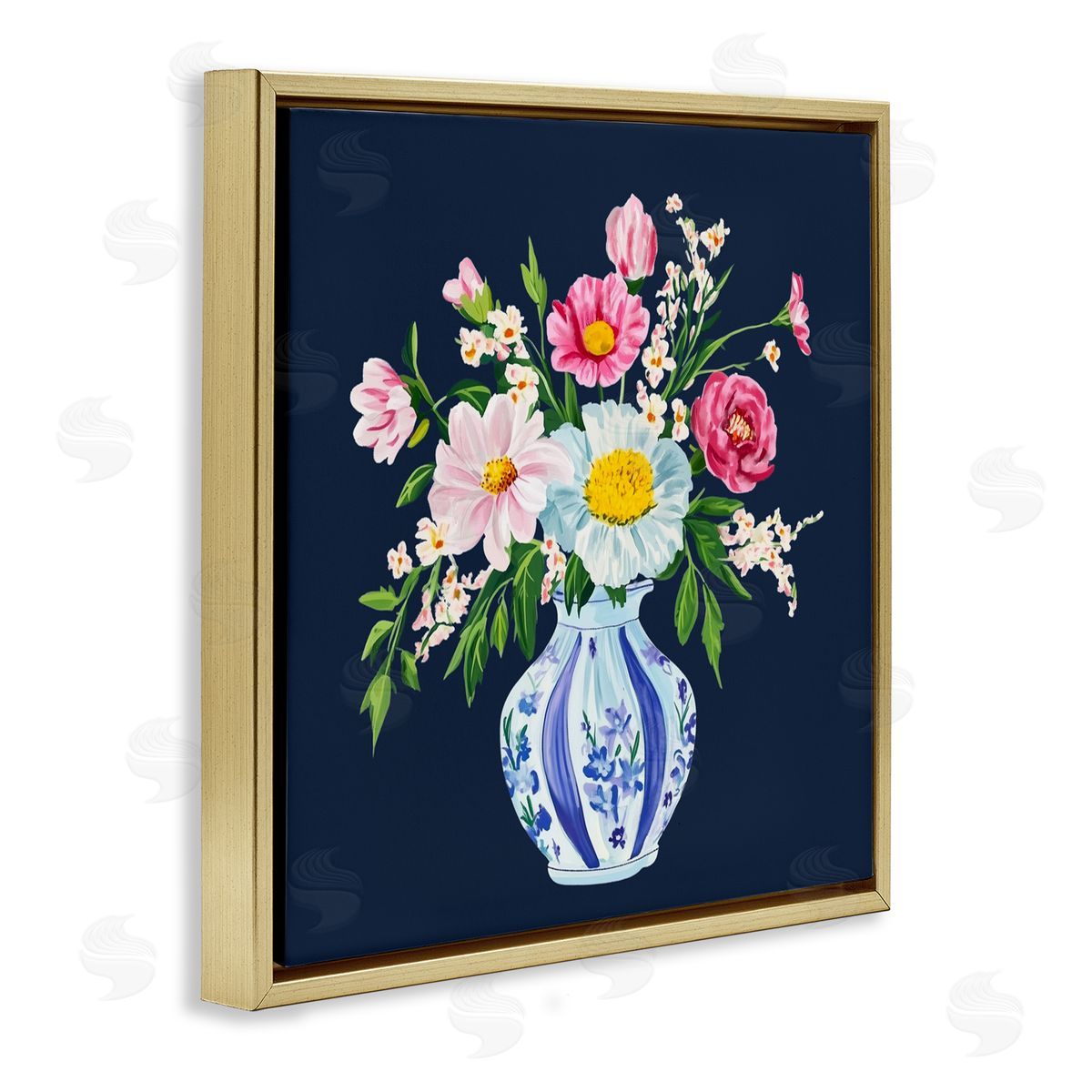 Yen Spring Chinoiserie Vase Gold Floating Frame Canvas Wall Art Print