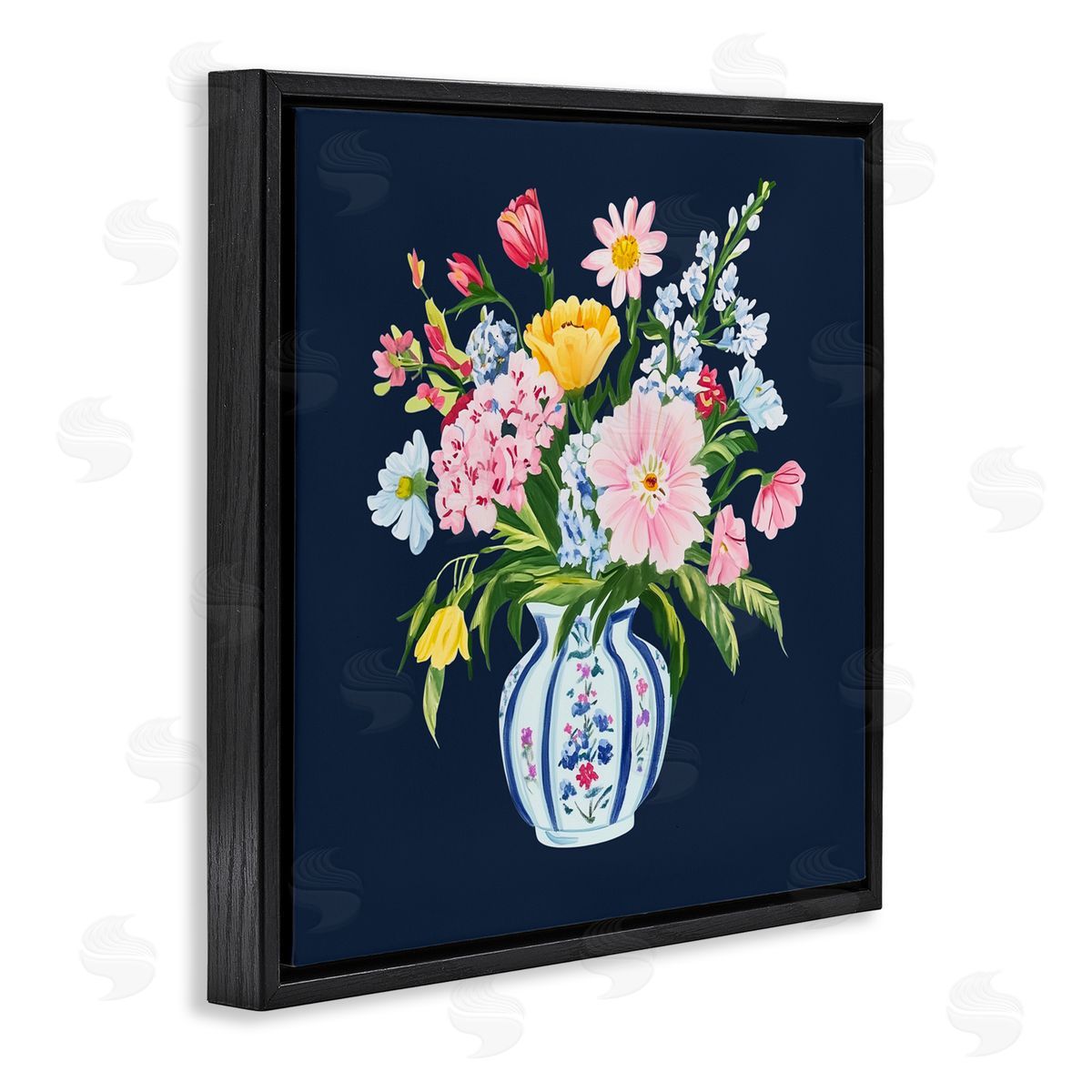 Yen Spring Elegance Chinoiserie Vase Black Floating Frame Canvas Wall Art Print