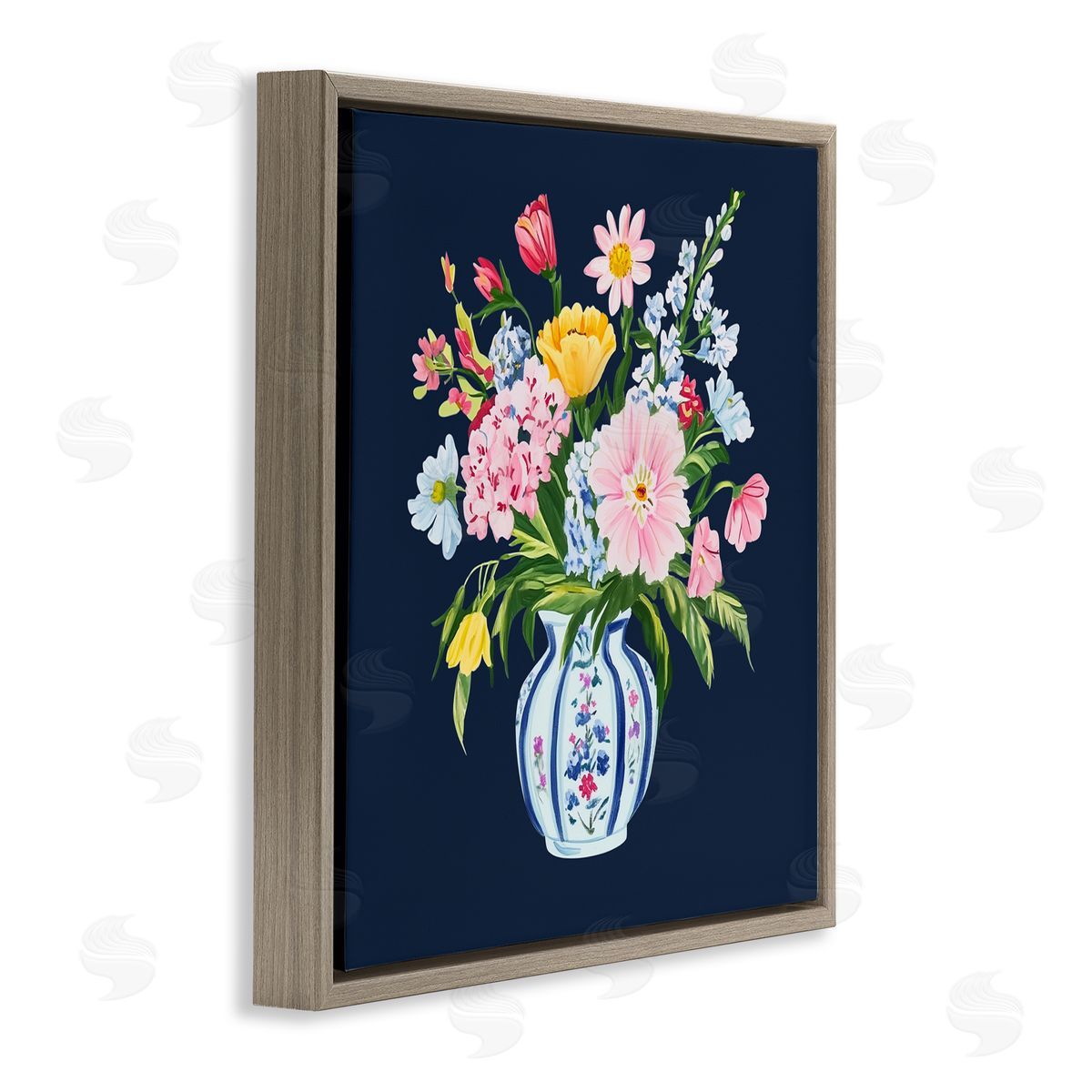 Yen Spring Elegance Chinoiserie Vase Brown Floating Frame Canvas Wall Art Print