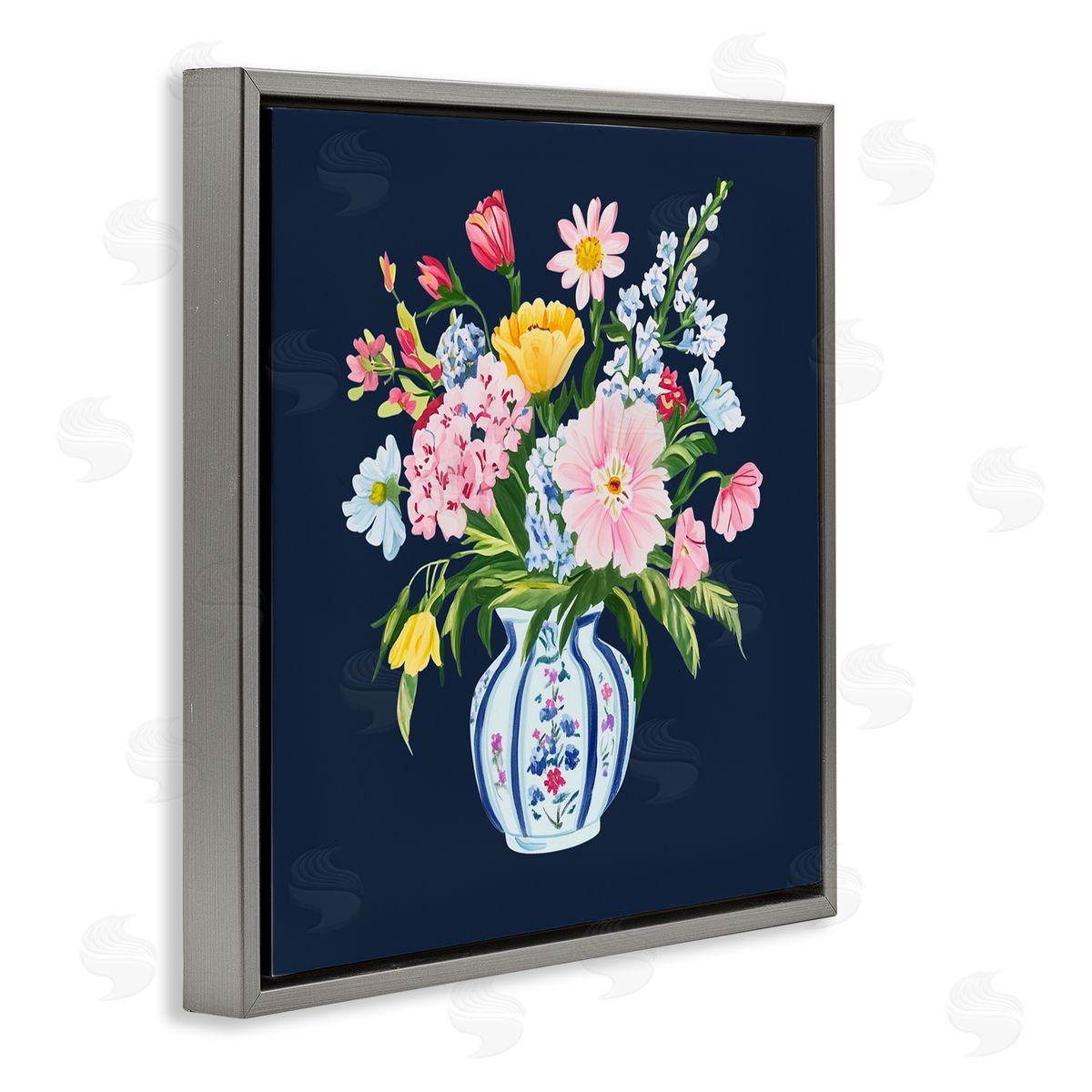 Yen Spring Elegance Chinoiserie Vase Gray Floating Frame Canvas Wall Art Print