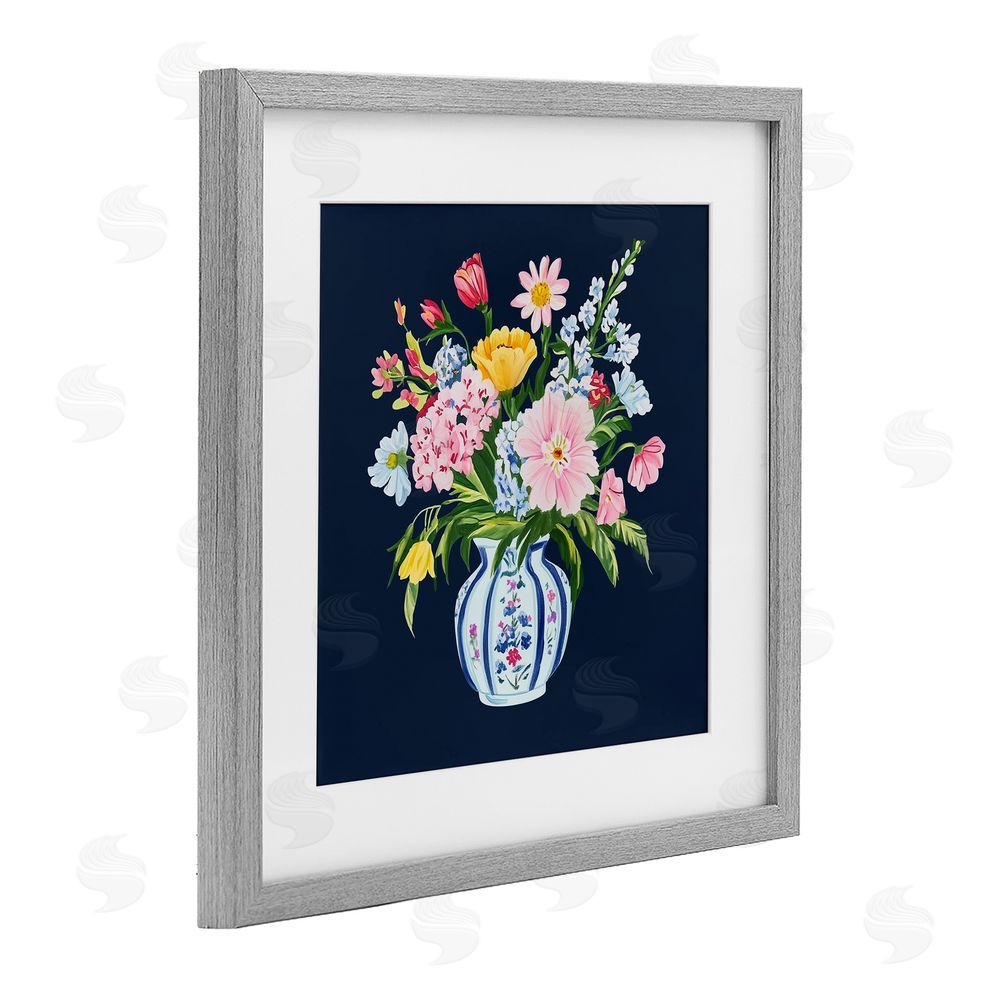 Yen Spring Elegance Chinoiserie Vase Gray Framed Print Under Glass Wall Art