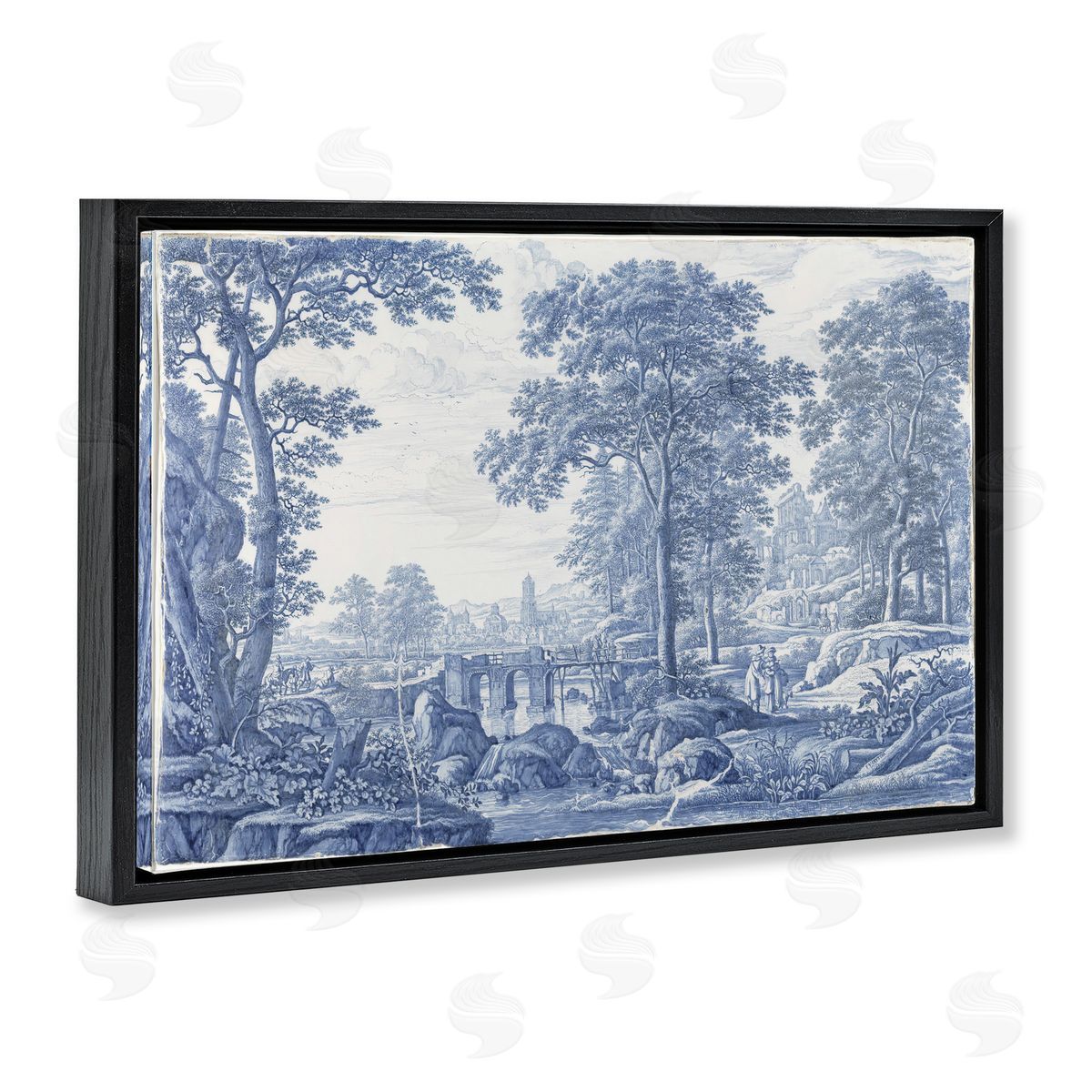 Vintage Hustle Vintage Blue Tinted Toile Black Floating Frame Canvas Wall Art Print