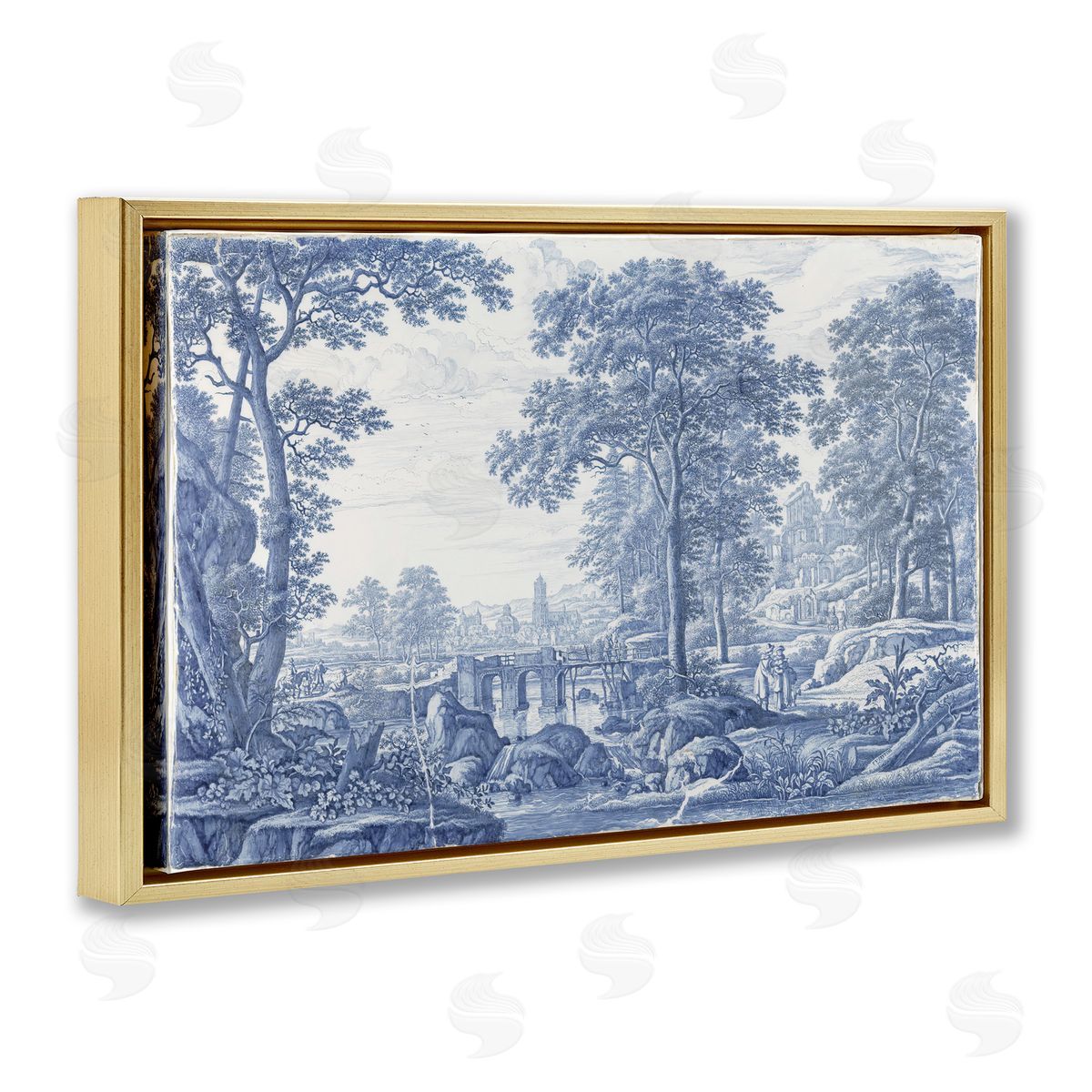 Vintage Hustle Vintage Blue Tinted Toile Gold Floating Frame Canvas Wall Art Print