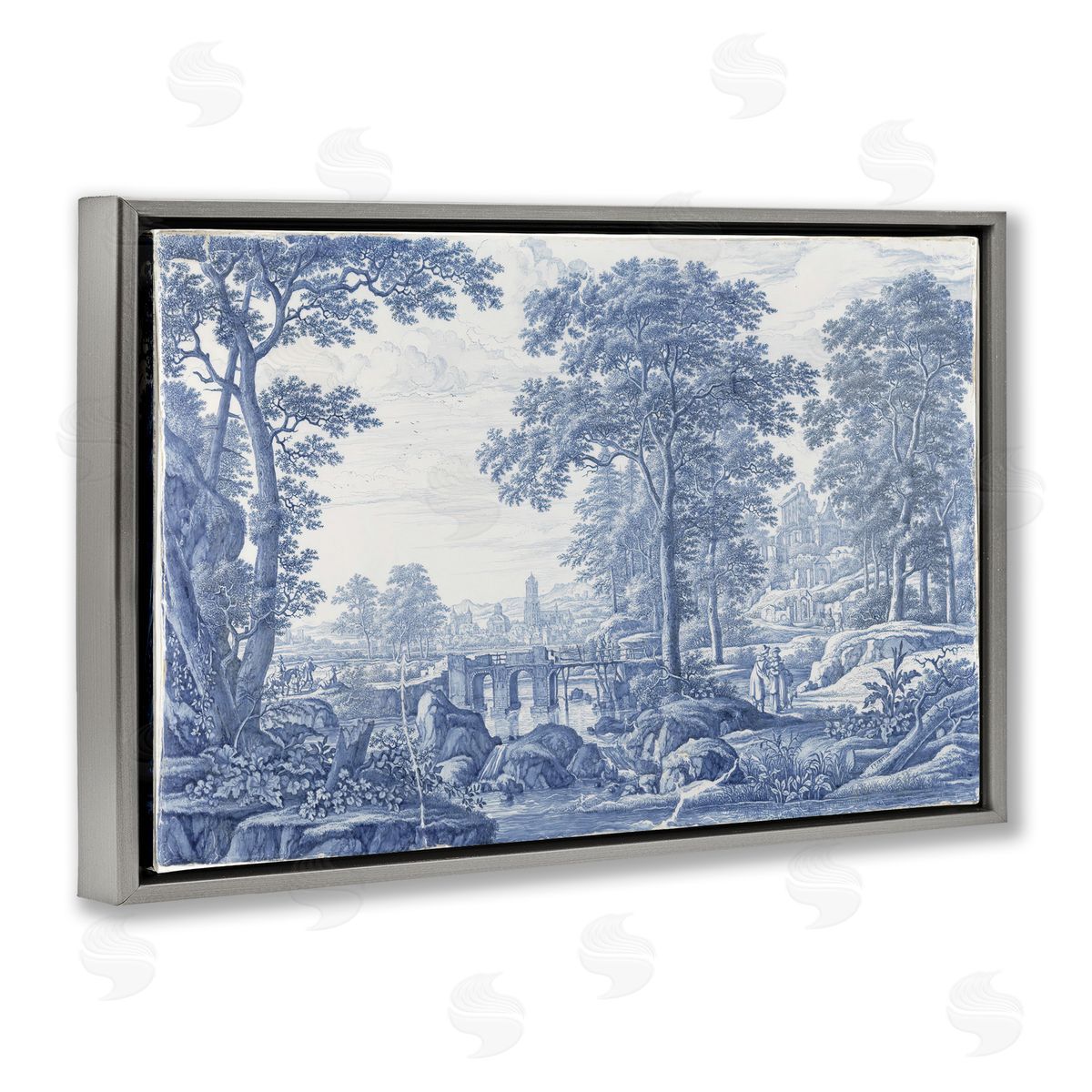Vintage Hustle Vintage Blue Tinted Toile Gray Floating Frame Canvas Wall Art Print
