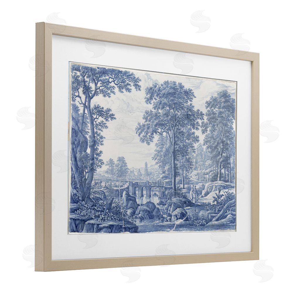 Vintage Hustle Vintage Blue Tinted Toile Brown Framed Print Under Glass Wall Art
