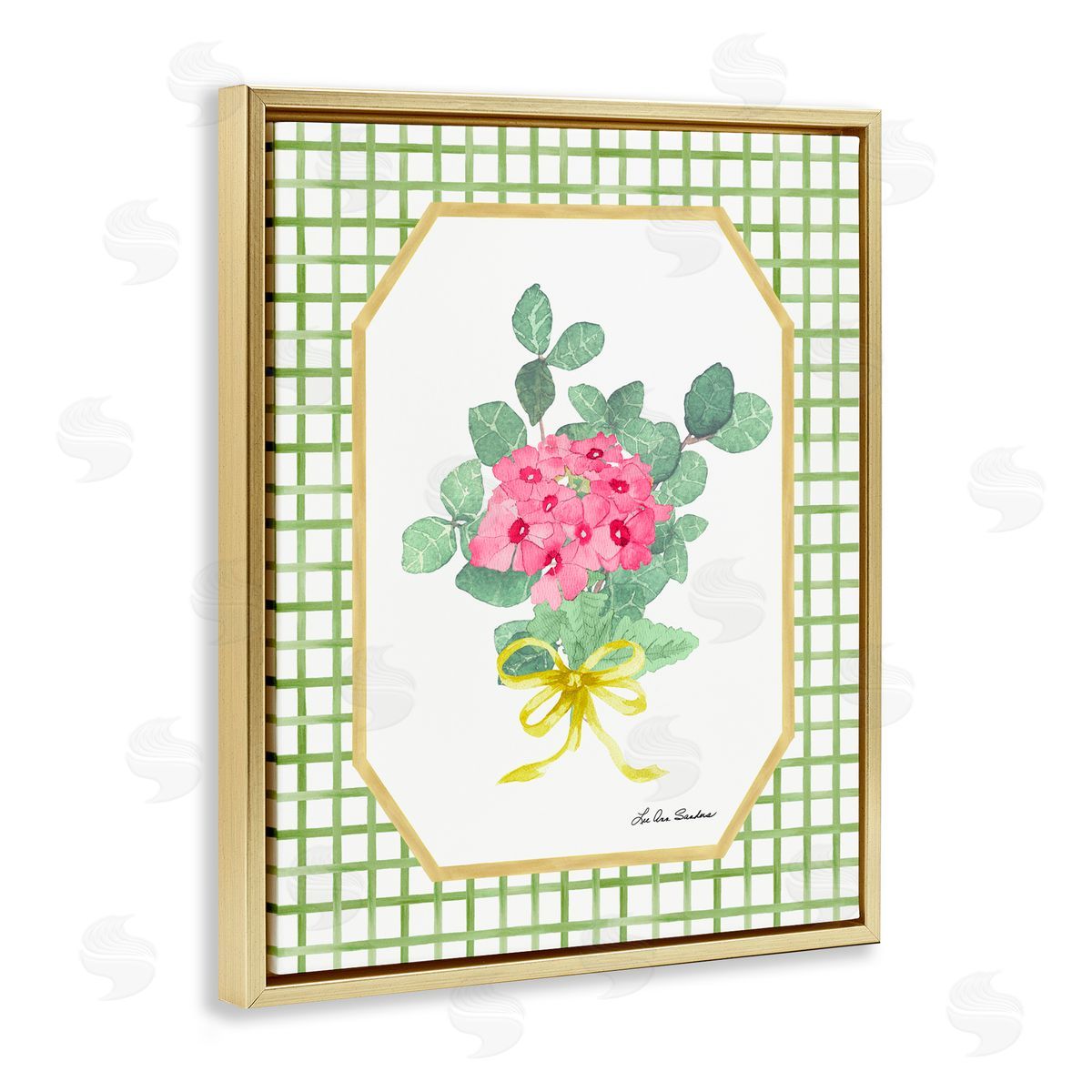 Lee Ann Sanders Botanical Story on Grid Pattern Gold Floating Frame Canvas Wall Art Print