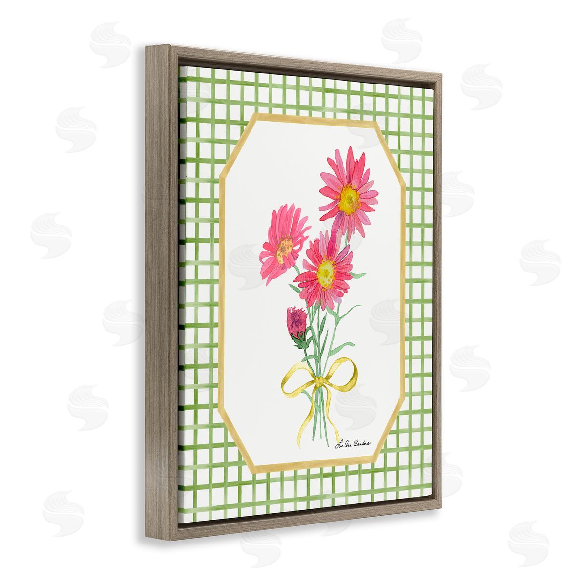Lee Ann Sanders Botanical Story on Gingham Brown Floating Frame Canvas Wall Art Print